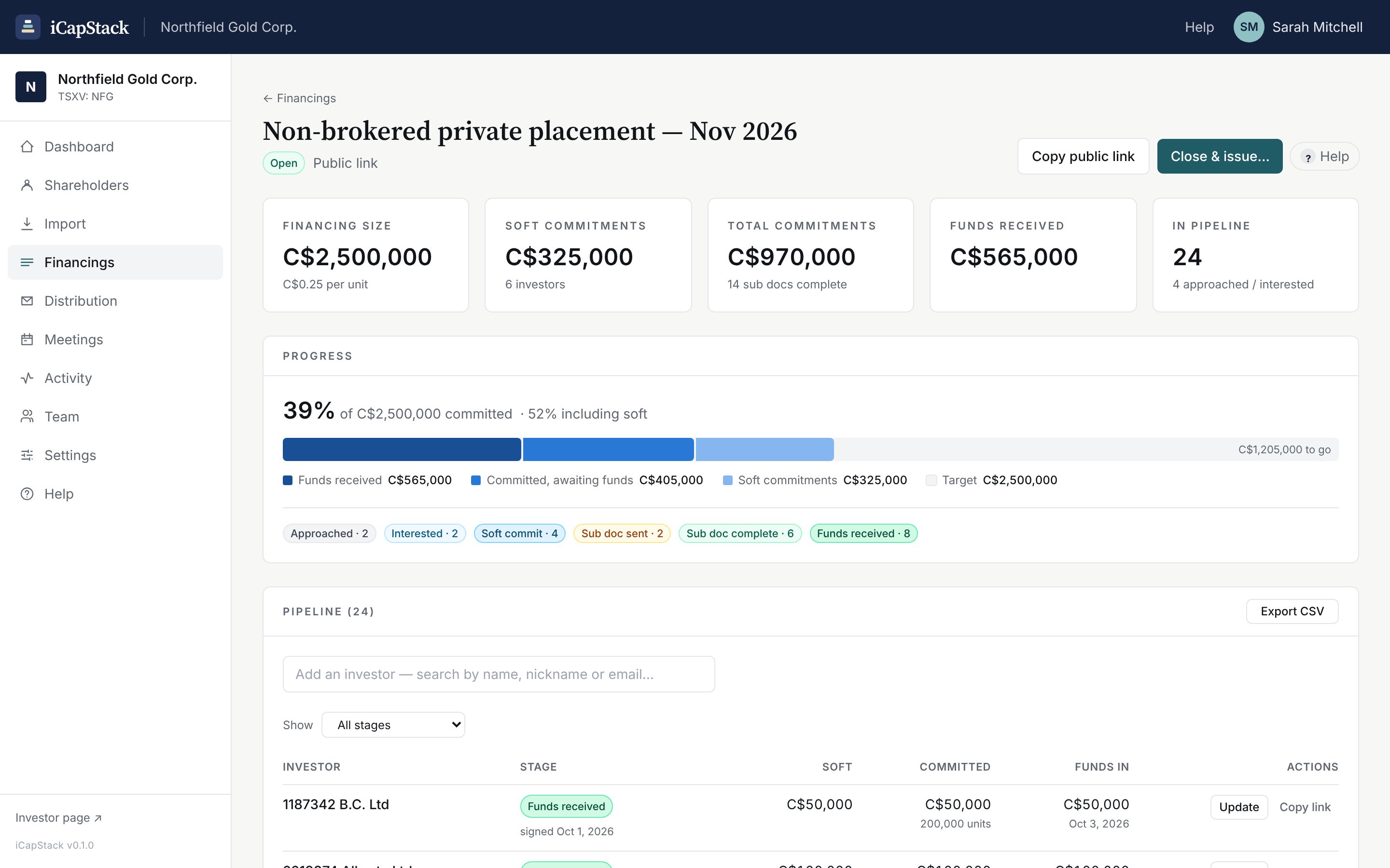 A private placement in iCapStack: C$970,000 committed of C$2.5 million, with soft commitments and funds received